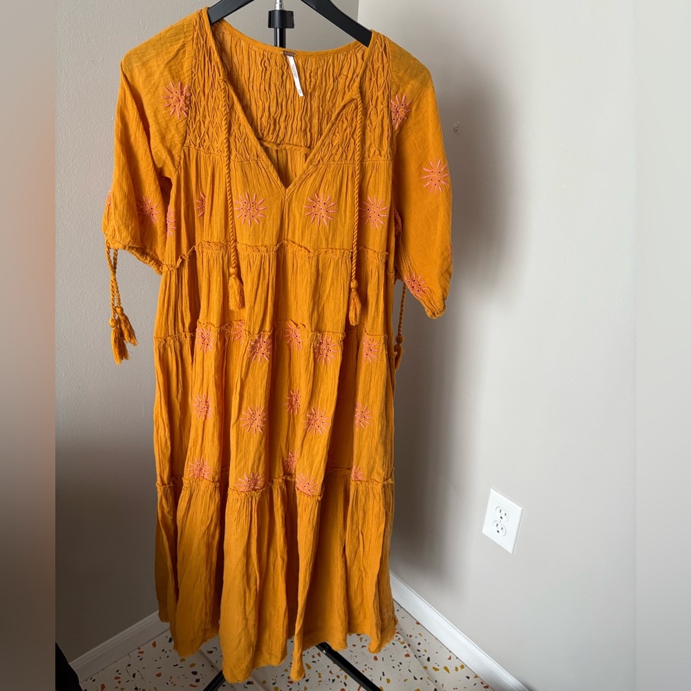 Free People Mustard Celestial Skies Midi Dress with Pink Embroidery
